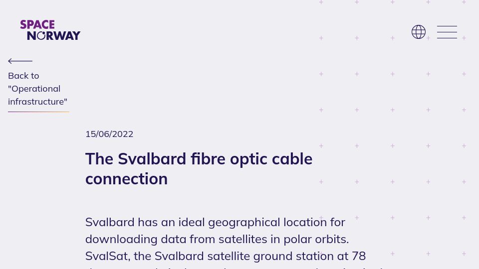 Screenshot of spacenorway.no: The Svalbard fibre optic cable connection (2022)
