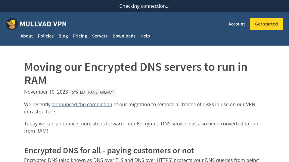Screenshot of mullvad.net: Moving our Encrypted DNS servers to run in RAM