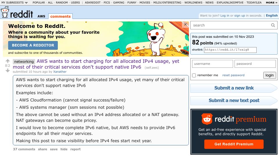 Screenshot of old.reddit.com: AWS to start charging for IPv4 usage, but critical services don't support IPv6