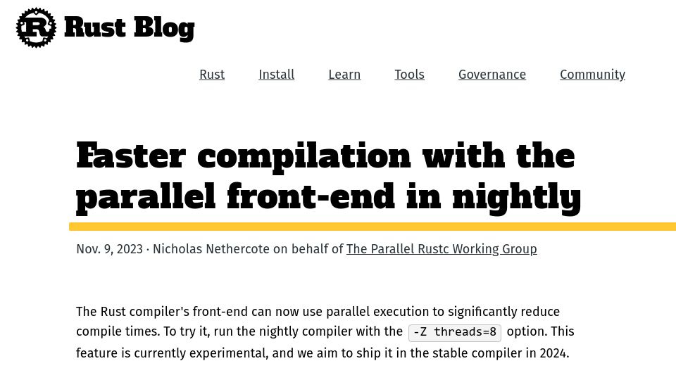 Screenshot of blog.rust-lang.org: Rust – Faster compilation with the parallel front-end in nightly