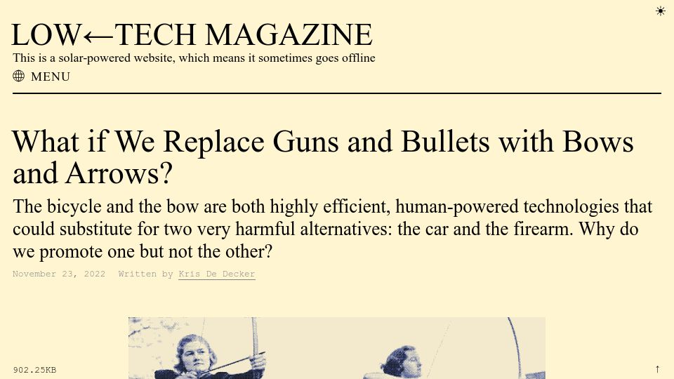 Screenshot of solar.lowtechmagazine.com: What if we replace guns and bullets with bows and arrows? (2022)
