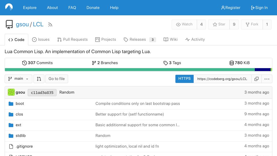 Screenshot of codeberg.org: An implementation of Common Lisp targeting Lua