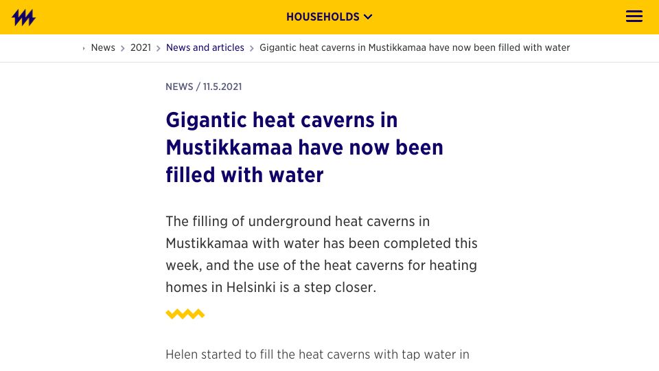 Screenshot of helen.fi: Gigantic heat caverns in Mustikkamaa have now been filled with water (2021)