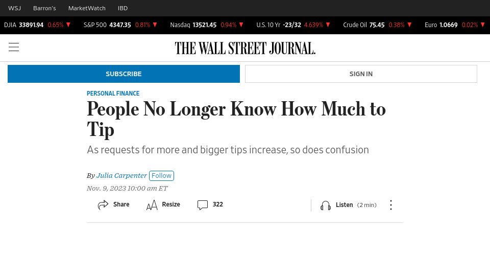 Screenshot of wsj.com: People No Longer Know How Much to Tip
