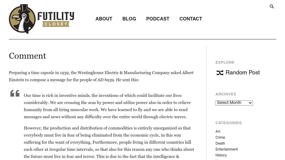 Screenshot of futilitycloset.com: Albert Einstein in 1939 composed a message for the people of AD 6939