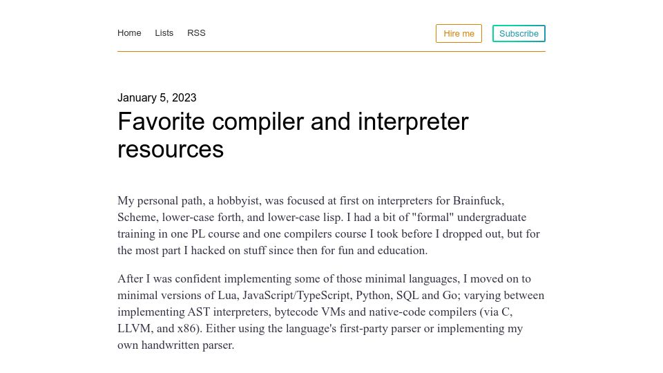 Screenshot of lists.eatonphil.com: Favorite Compiler and Interpreter Resources