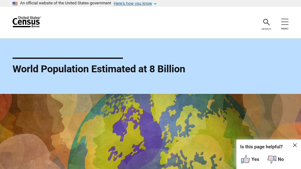 Screenshot of census.gov: World Population Estimated at 8 Billion