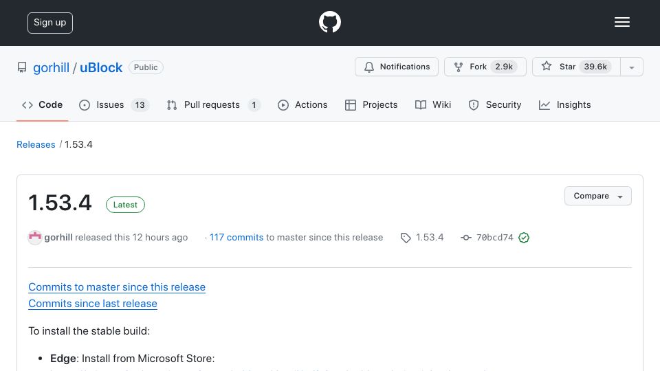Screenshot of github.com: uBlock-Origin 1.53.4 – 1.53.0 plus fix for Microsoft Edge