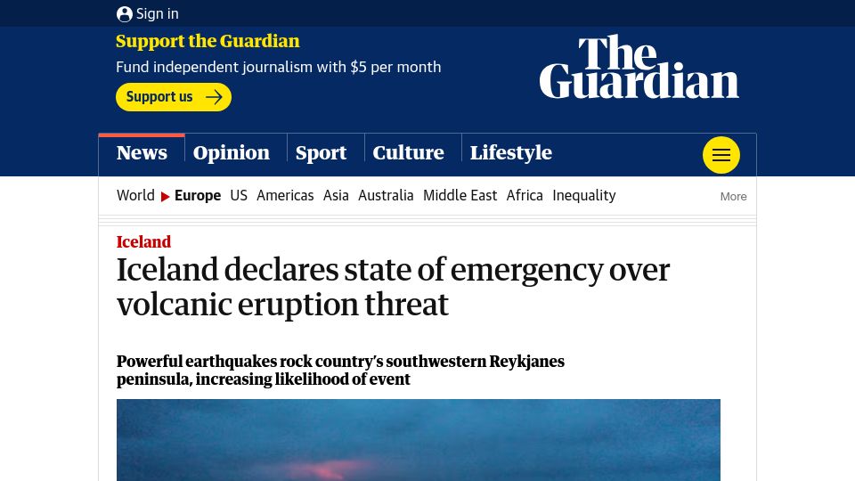 Screenshot of theguardian.com: Iceland declares state of emergency over volcanic eruption threat