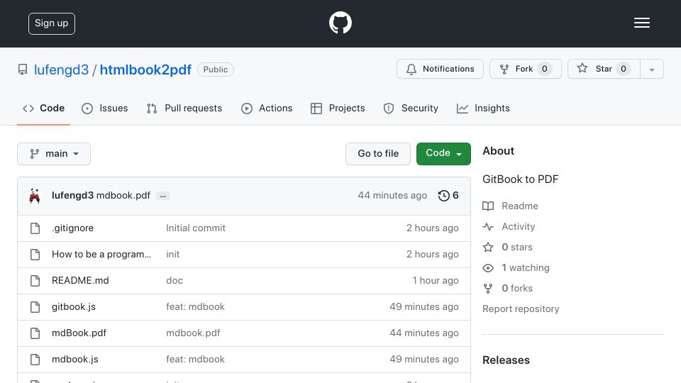 Screenshot of github.com: Show HN: Generate pdf with gitbook or mdbook url
