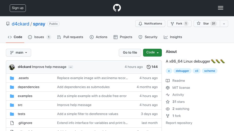 Screenshot of github.com: Show HN: I spent 6 months building a C debugger as a 17-year-old
