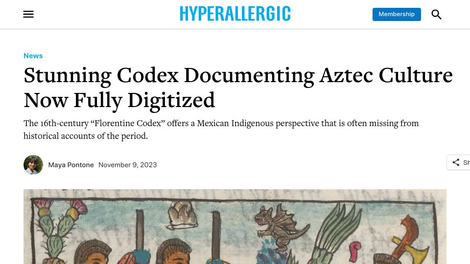 Screenshot of hyperallergic.com: Codex documenting Aztec culture now digitized