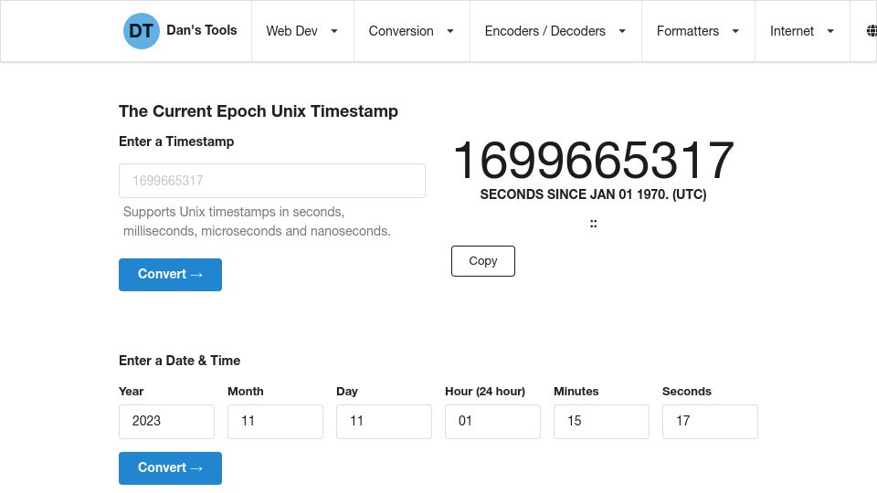 Screenshot of unixtimestamp.com: The Unix timestamp will begin with 17 this Tuesday