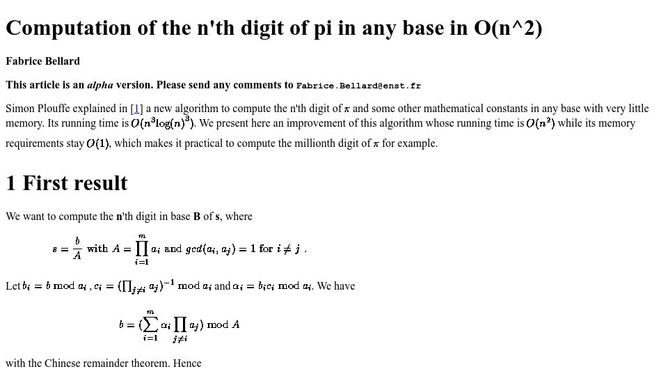 Screenshot of bellard.org: Computation of the n'th digit of pi in any base in O(n^2) (1997)