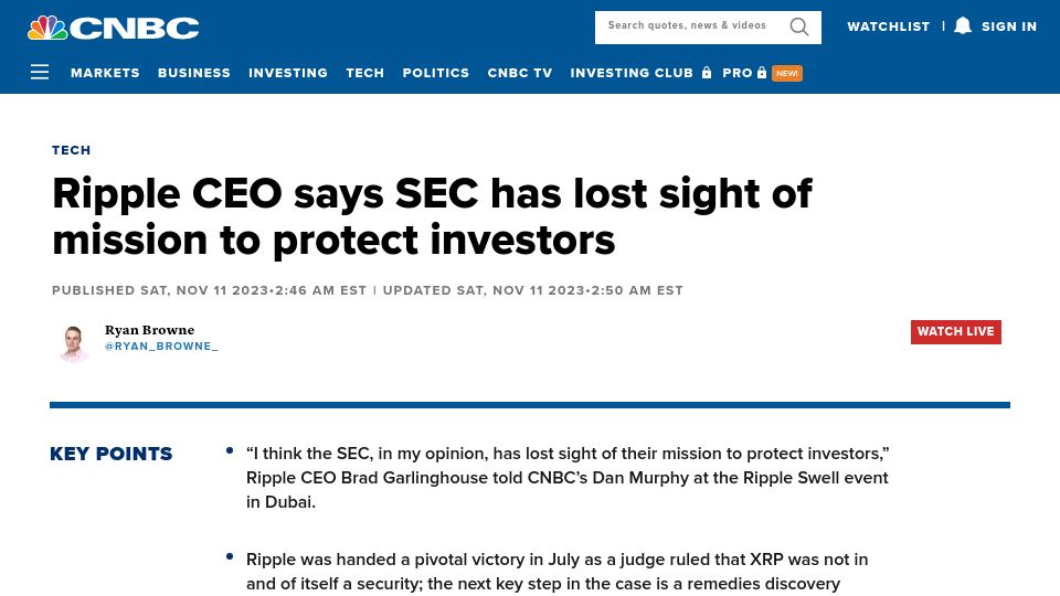 Screenshot of cnbc.com: Ripple CEO says SEC has lost sight of mission to protect investors