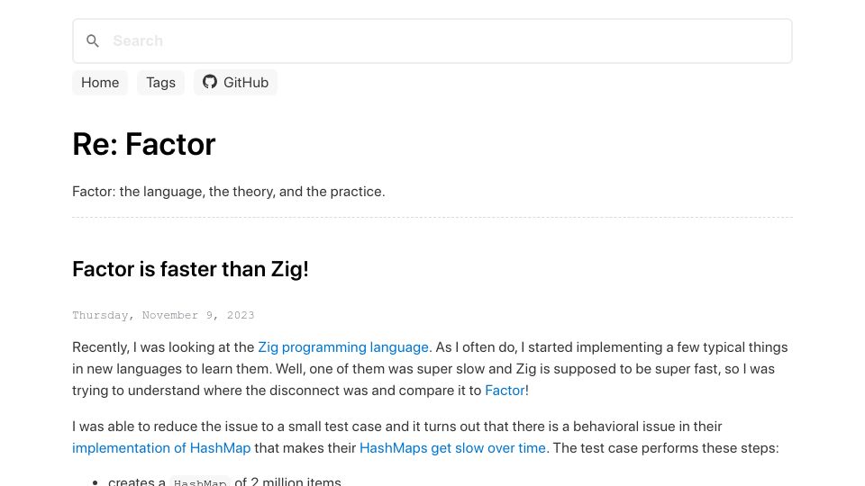 Screenshot of re.factorcode.org: Hashmaps in Factor are faster than in Zig