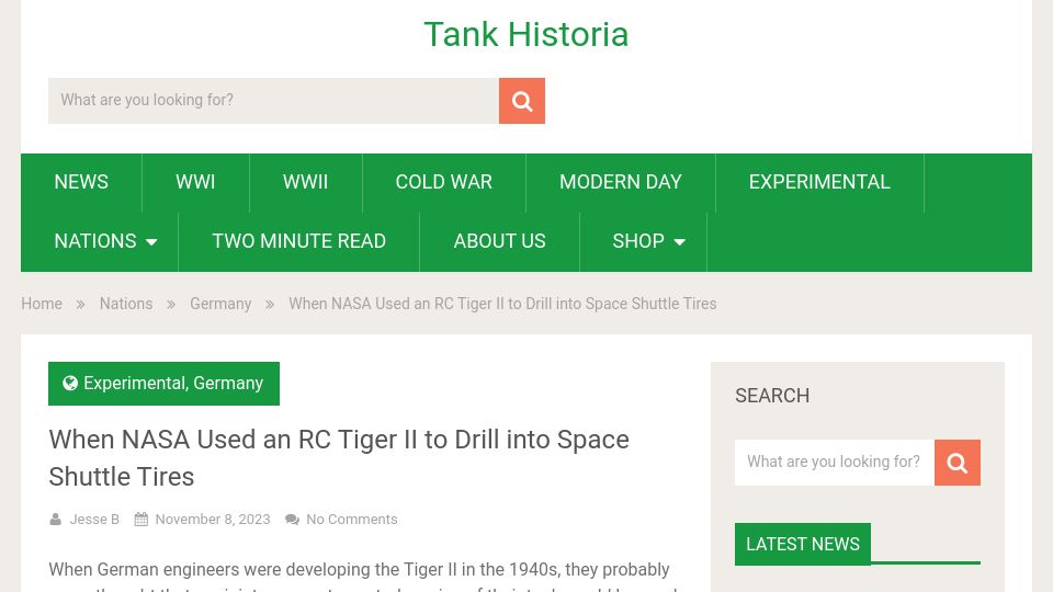 Screenshot of tankhistoria.com: When NASA Used an RC Tiger II to Drill into Space Shuttle Tires