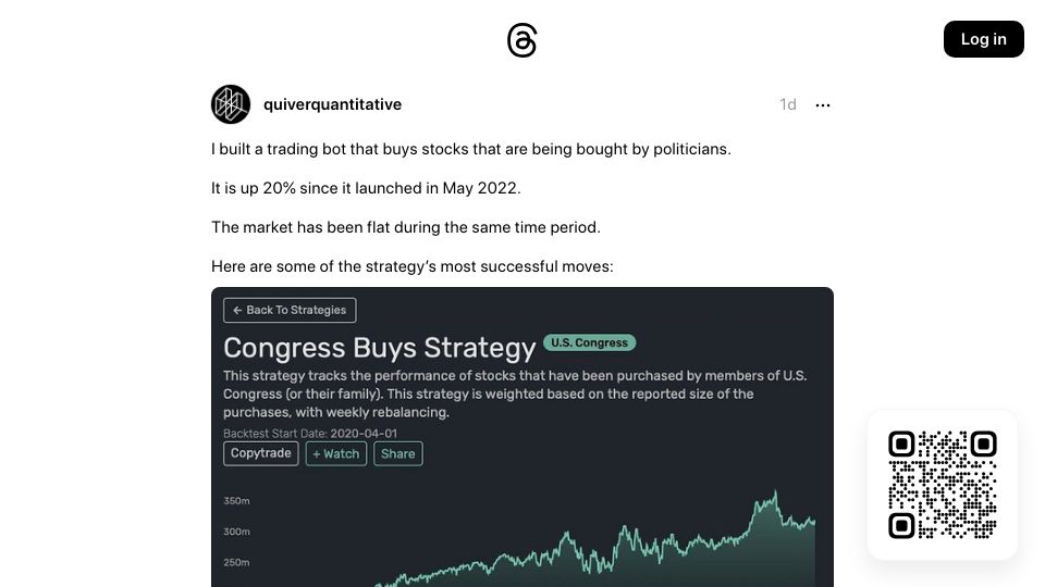 Screenshot of threads.net: Trading bot that buys stocks bought by politicians is up 20% since May 2022