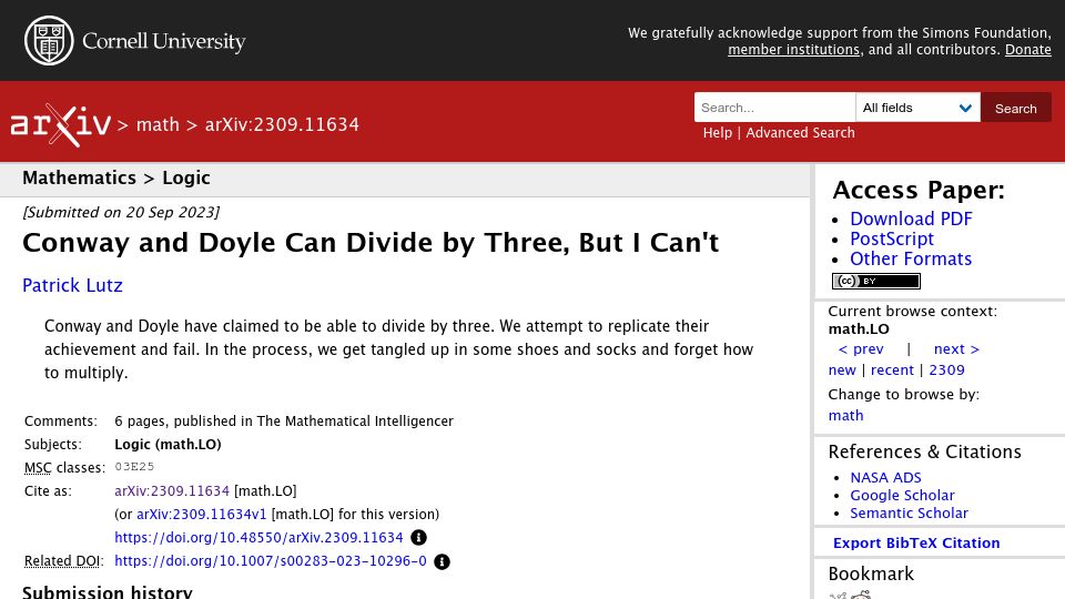 Screenshot of arxiv.org: Conway and Doyle can divide by three, but I can't