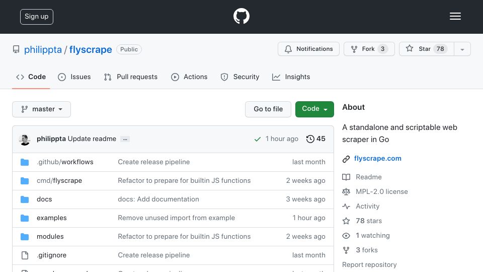 Screenshot of github.com: Show HN: Flyscrape – A standalone and scriptable web scraper in Go