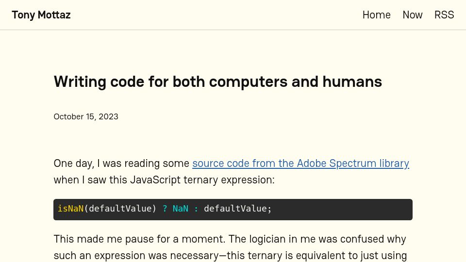 Screenshot of tonymottaz.com: Writing code for both computers and humans
