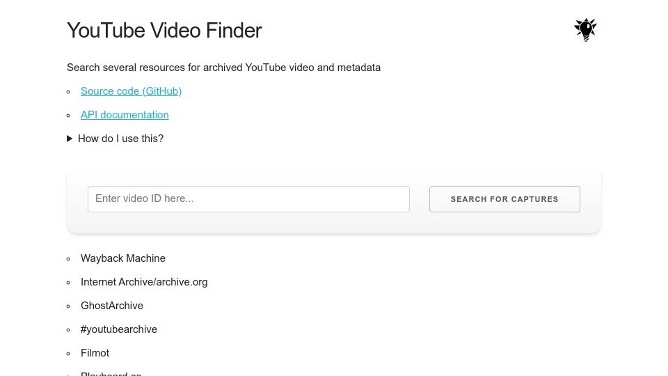 Screenshot of findyoutubevideo.thetechrobo.ca: Archived YouTube Video Finder