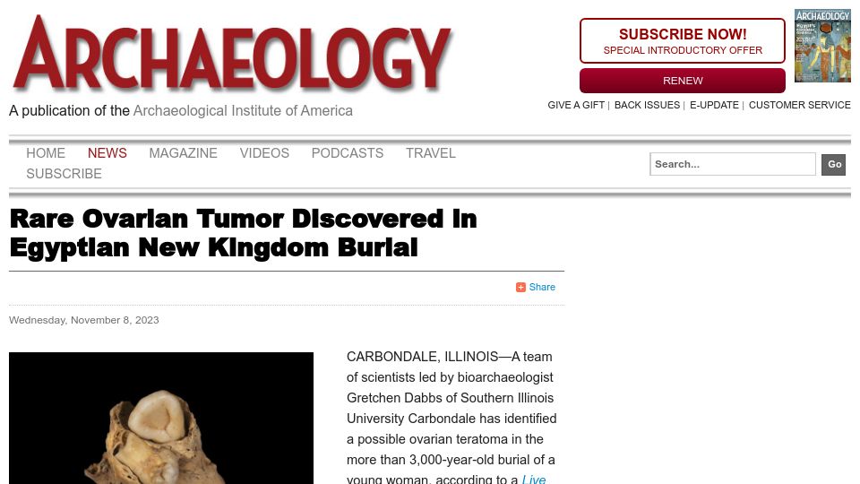 Screenshot of archaeology.org: Rare Ovarian Tumor Discovered in Egyptian New Kingdom Burial