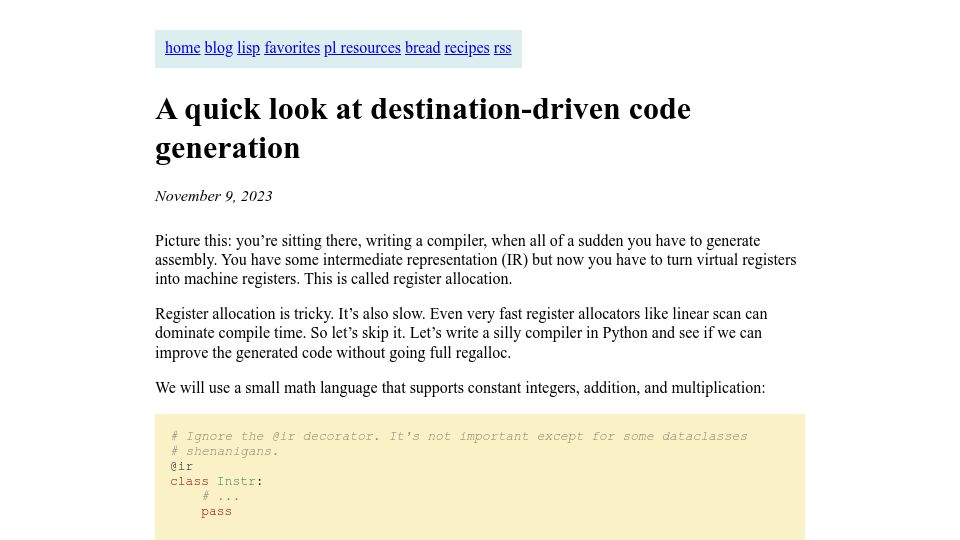 Screenshot of bernsteinbear.com: A quick look at destination-driven code generation
