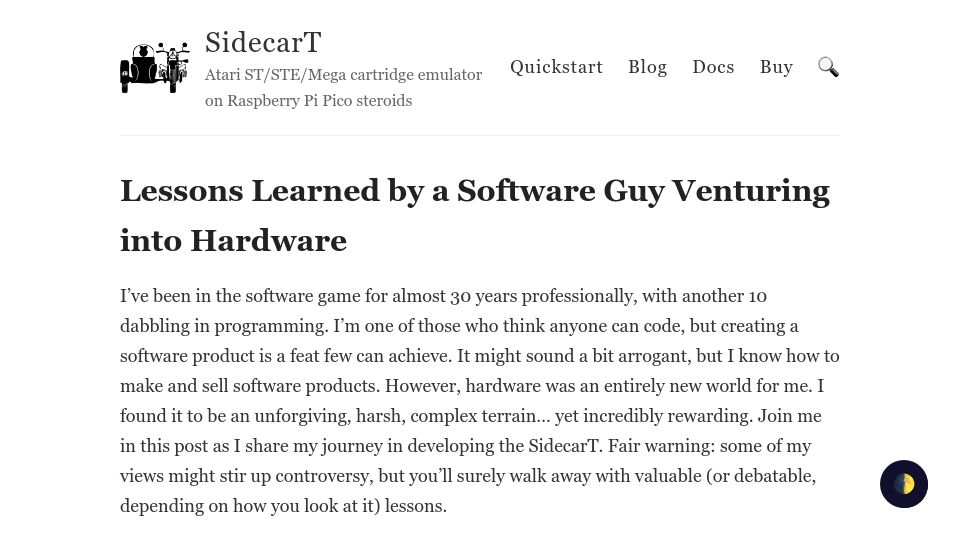 Screenshot of sidecart.xyz: Lessons learned by a software guy venturing into hardware