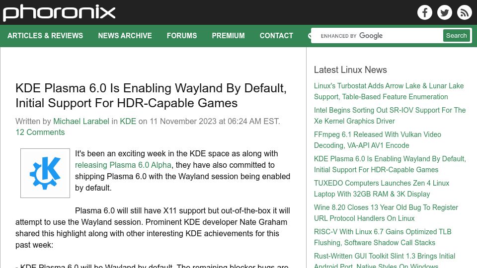 Screenshot of phoronix.com: KDE Plasma 6.0 Is Enabling Wayland by Default
