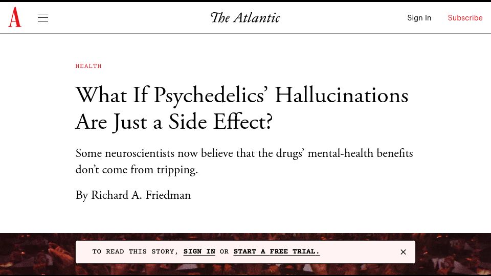 Screenshot of theatlantic.com: What If Psychedelics' Hallucinations Are Just a Side Effect?