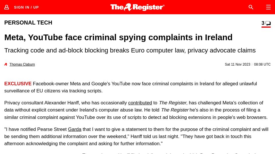 Screenshot of theregister.com: Meta, YouTube face criminal spying complaints in Ireland