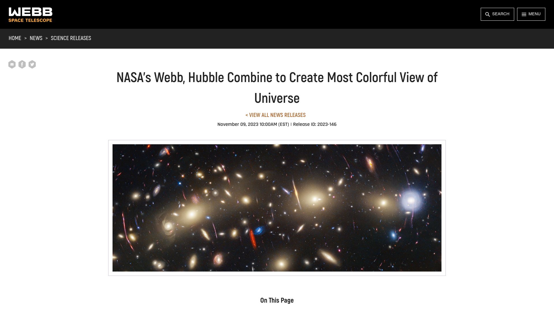 Screenshot of webbtelescope.org: NASA's Webb, Hubble combine to create most colorful view of universe