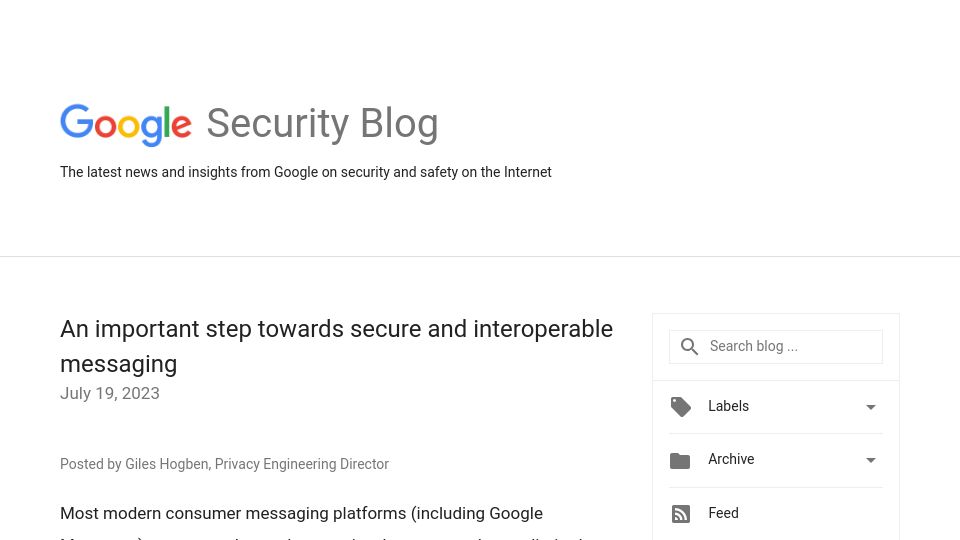 Screenshot of security.googleblog.com: Google to Implement IETF's Message Layer Security (MLS) Specification RFC 9420