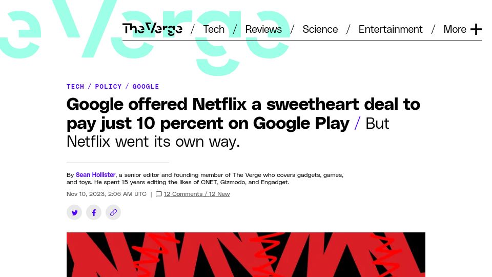 Screenshot of theverge.com: Google offered Netflix a sweetheart deal to pay just 10 percent on Google Play