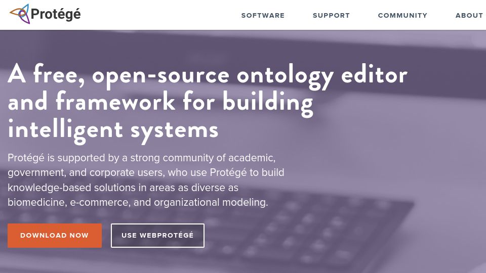 Screenshot of protege.stanford.edu: Protégé: A free, open-source ontology editor for building intelligent systems