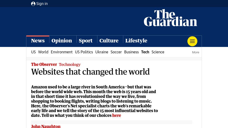 Screenshot of theguardian.com: Websites That Changed the World (2006)