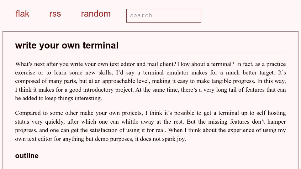 Screenshot of flak.tedunangst.com: Write your own terminal