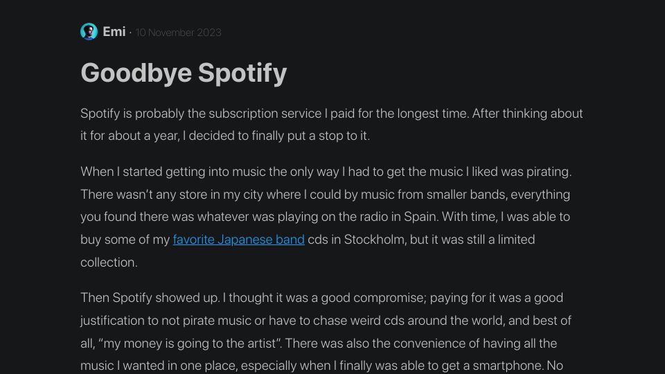 Screenshot of coppolaemilio.com: Goodbye Spotify