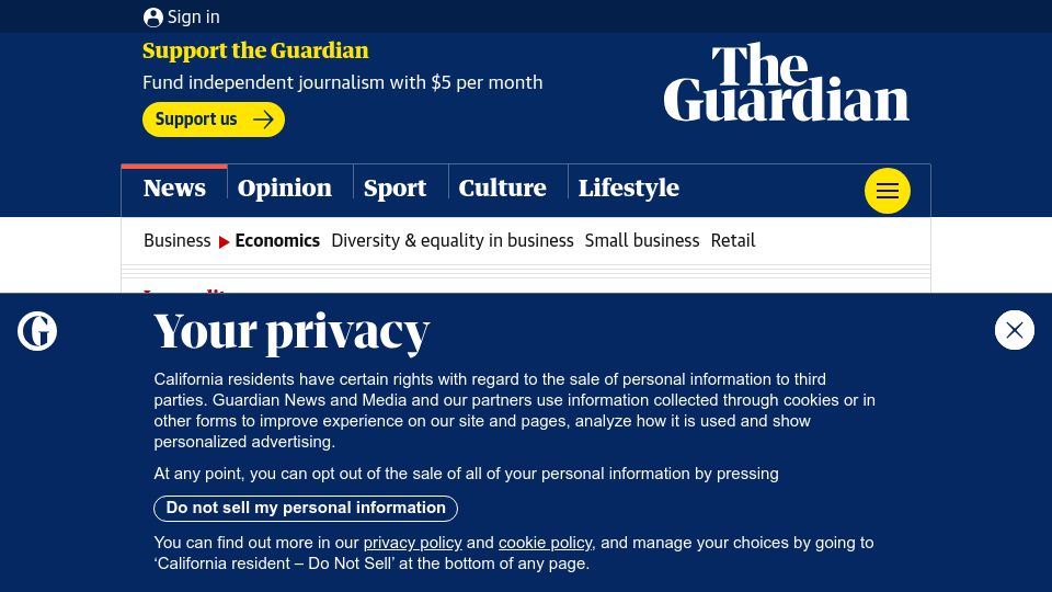 Screenshot of theguardian.com: Angus Deaton on inequality: ‘The war on poverty has become a war on the poor’