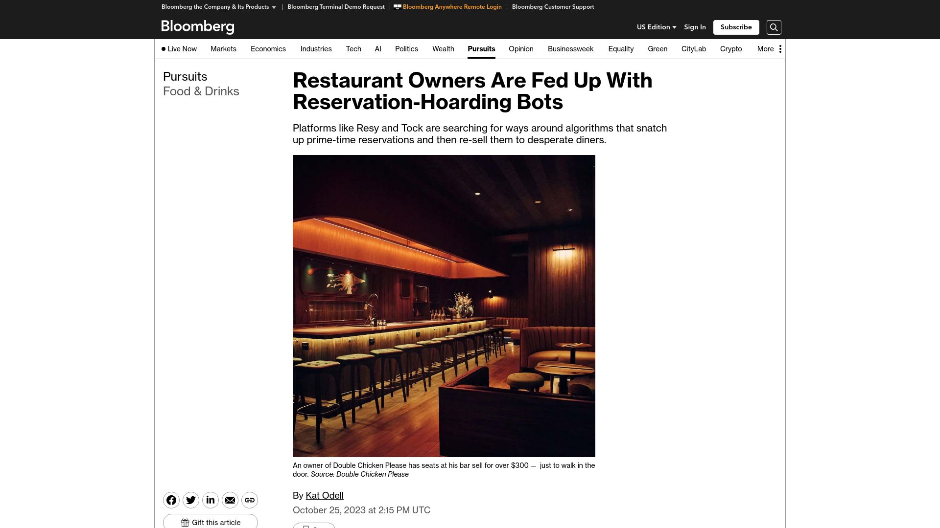 Screenshot of bloomberg.com: New York restaurants fight back against reservations by bots