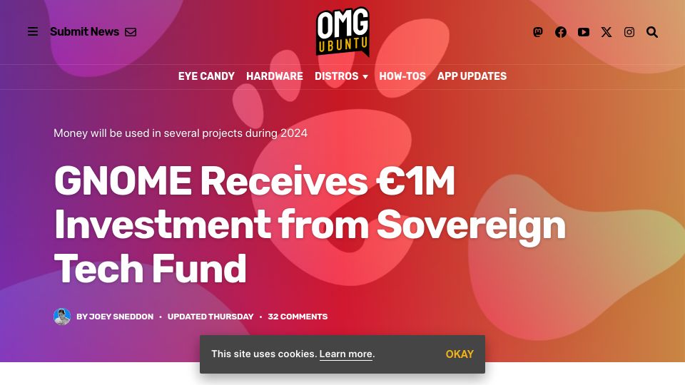 Screenshot of omgubuntu.co.uk: Gnome Receives €1M from German Government
