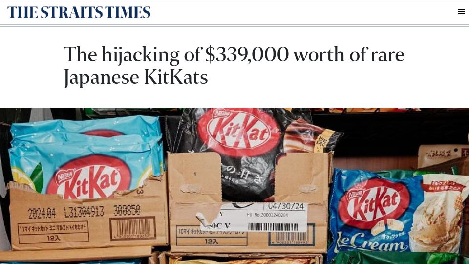 Screenshot of straitstimes.com: The hijacking of rare Japanese KitKats