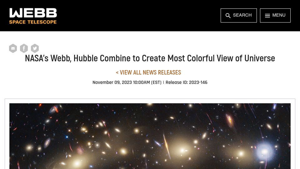 Screenshot of webbtelescope.org: NASA's Webb, Hubble combine to create most colorful view of universe