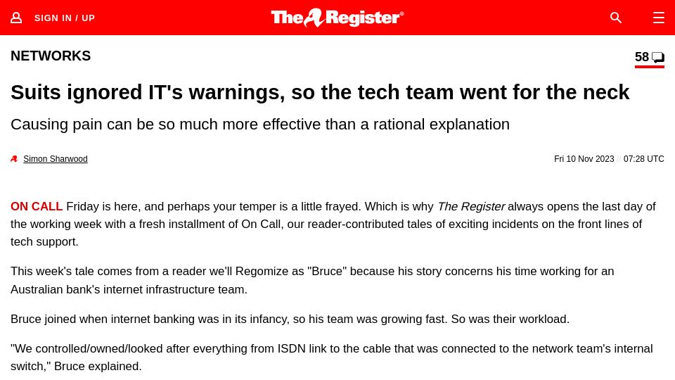 Screenshot of theregister.com: Suits ignored IT's warnings, so the tech team went for the neck