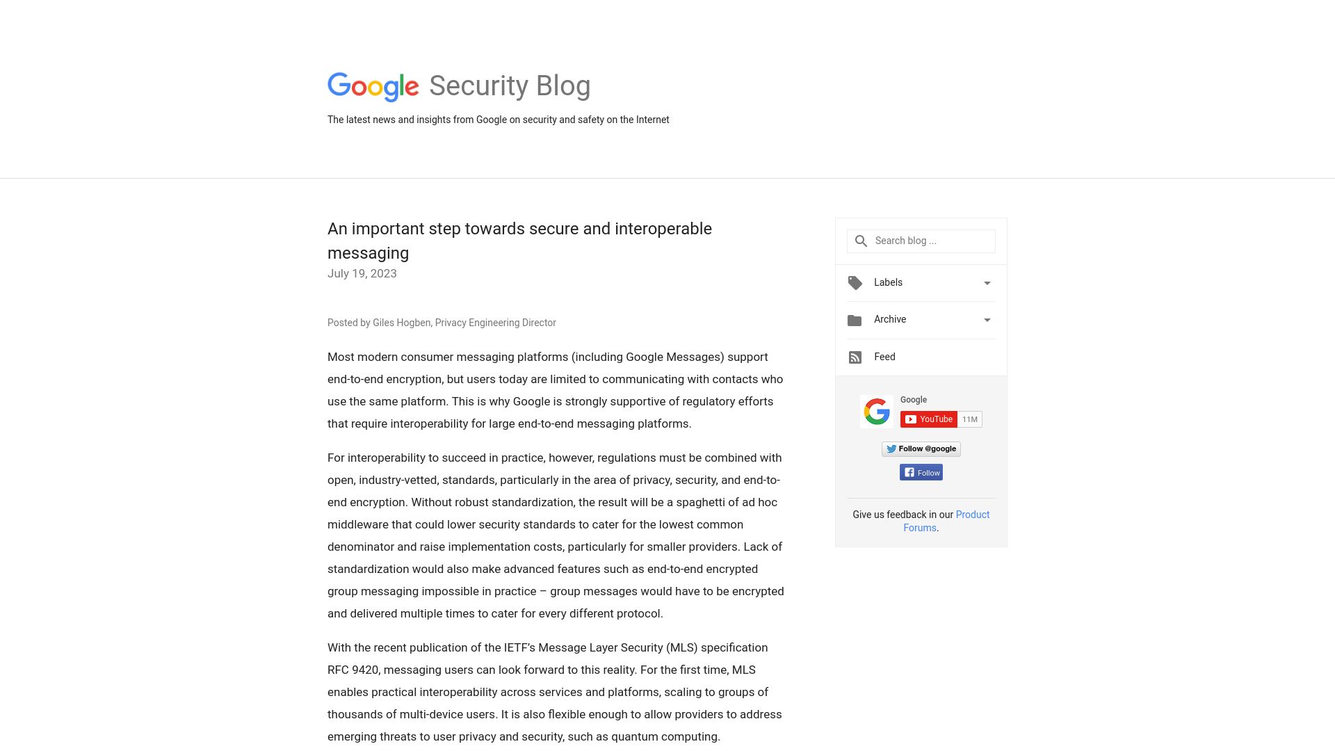 Screenshot of security.googleblog.com: Google to Implement IETF's Message Layer Security (MLS) Specification RFC 9420