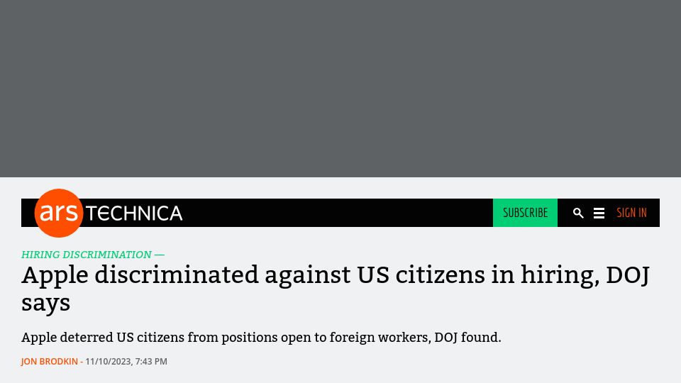Screenshot of arstechnica.com: Apple discriminated against US citizens in hiring, DOJ says