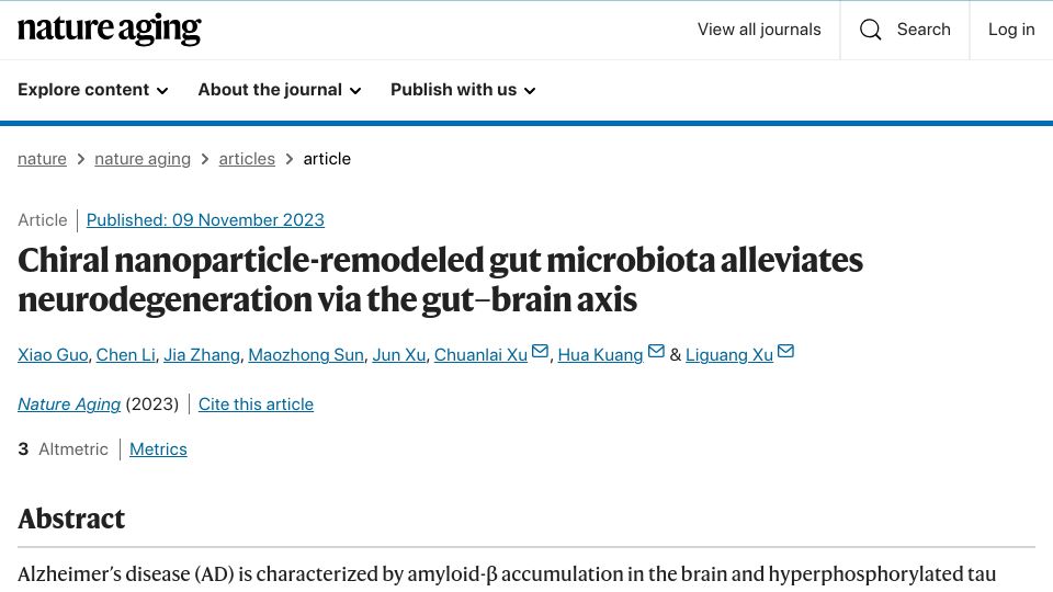 Screenshot of nature.com: Nanoparticle-remodeled gut microbiota slows neurodegeneration via gut–brain axis