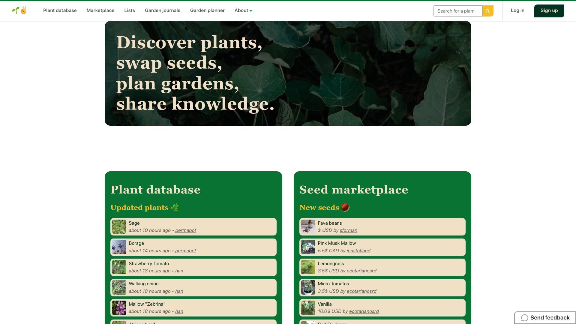 Screenshot of permapeople.org: Discover plants, swap seeds, plan gardens, share knowledge