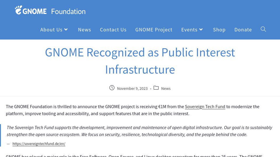 Screenshot of foundation.gnome.org: GNOME Recognized as Public Interest Infrastructure